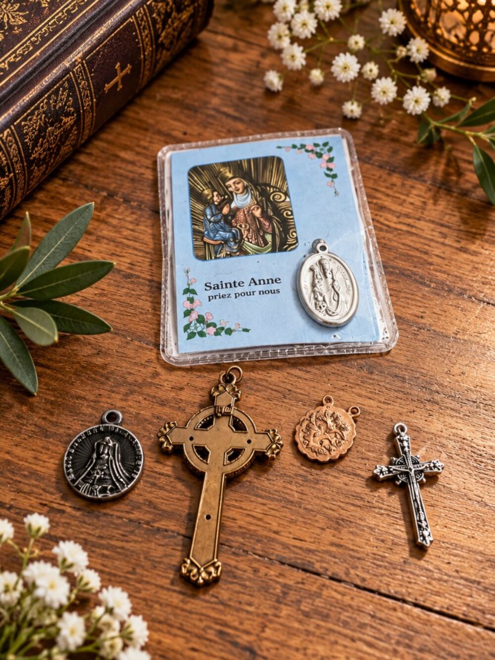 Vintage Catholic Religious Medal & Cross Lot – Sainte Anne Devotional Pieces